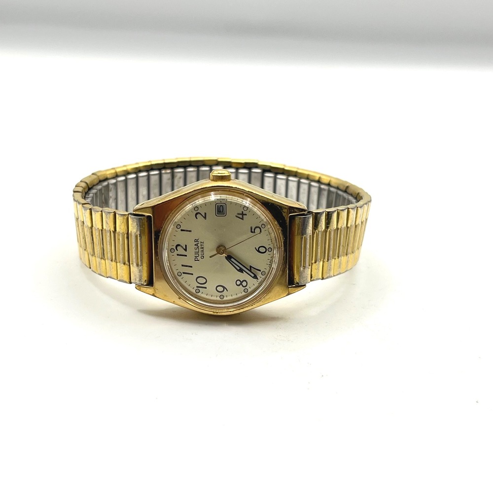 Pulsar Quartz V827-0430 A1 Gold Tone Watch Speidel Expansion Band 25mm